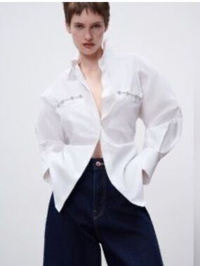 Zara White Rhinestone Pocket Button-Up Shirt Crystal Detail XS NWT